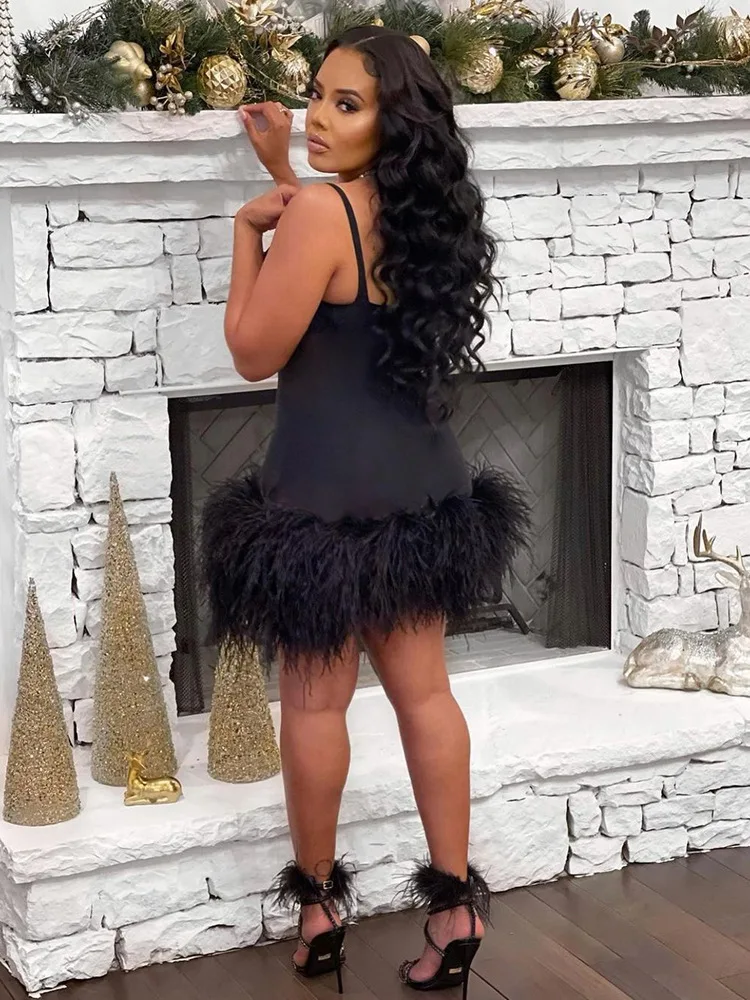 Women Sexy Feather Mini Dress Tulle Hollow Spaghetti Sleeveless Backless Party Dress Fashion Slim See Through Nightclub Dresses