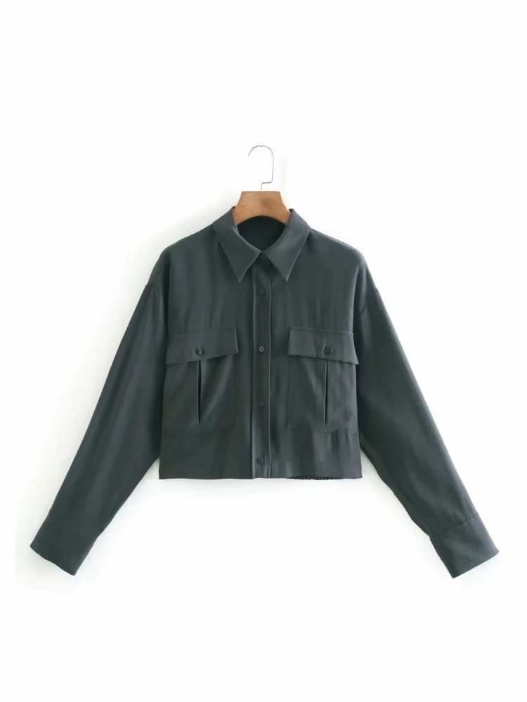 

Новая модная женская короткая рубашка с накладными карманами, женская блузка с длинным рукавом, офисные женские свободные топы, блузы S8583