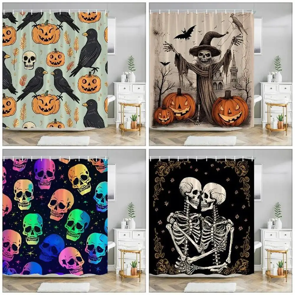 

Autumn Pumpkin Flower Skeleton Shower Curtain Rug Bathroom Set Horror Artist Home Polyester Cloth Bath Curtains Bathroom Decor