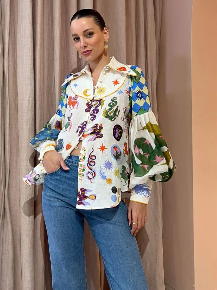 

Print Long Lantern Sleeve Shirt Fashion Women Linen Top Holiday Single Breasted Lapel Loose Shirts Female Summer Beach Chic Top