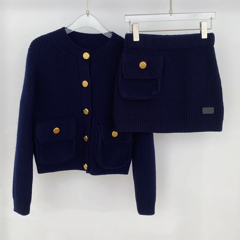 

Женский шерстяной комплект из 2 предметов, модельный однобортный Кардиган с круглым вырезом и юбка на бедрах, комплект из 23 предметов темно-синего цвета