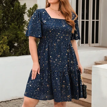 Summer Women Knee-Length Casual Dress Square Neck A Line Dress L Size Sequins Flying Sleeve Elastic Waist Printing Party Dresses 1