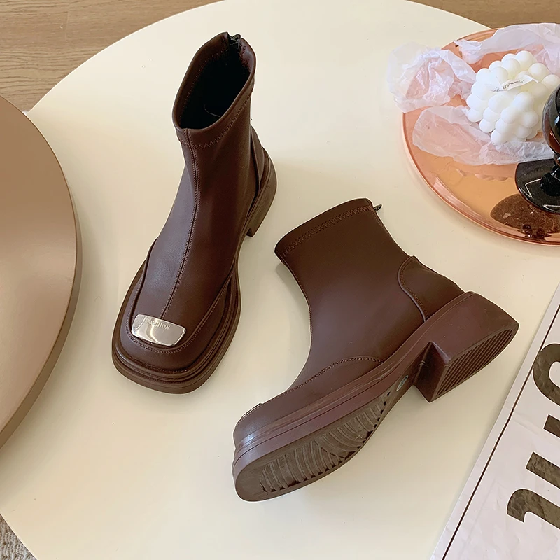 Autumn Chunky Heightening Genuine Leather Platform Women Round Toe Short Boot Shoes Ankle Elastic Boots Handmade Chelsea Boots