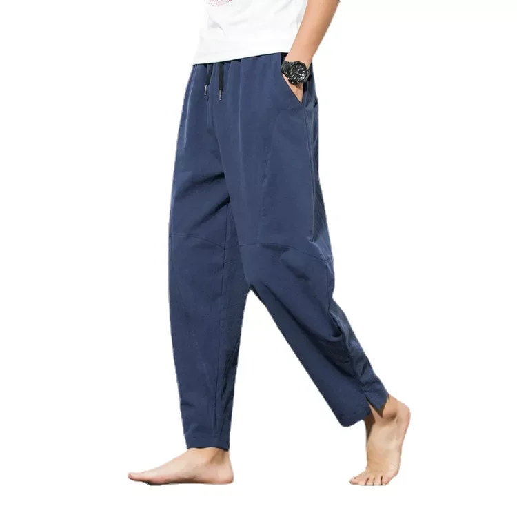 

NEW IN Spring New Men's Casual Loose Pants Cotton Linen Male Solid Color Drawstring Pants Trousers Plus Size