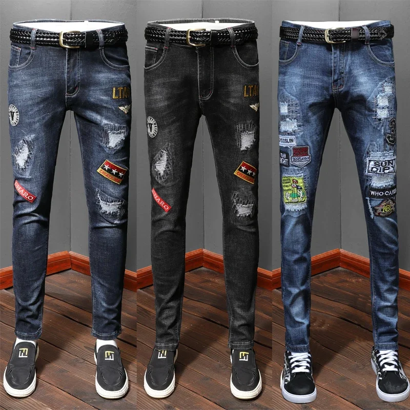 

Jeans Men Punk Cool Graffiti Denim Pants Men Broken Hole Trousers Cute Letter Print Jeans High Street Casual Streetwear