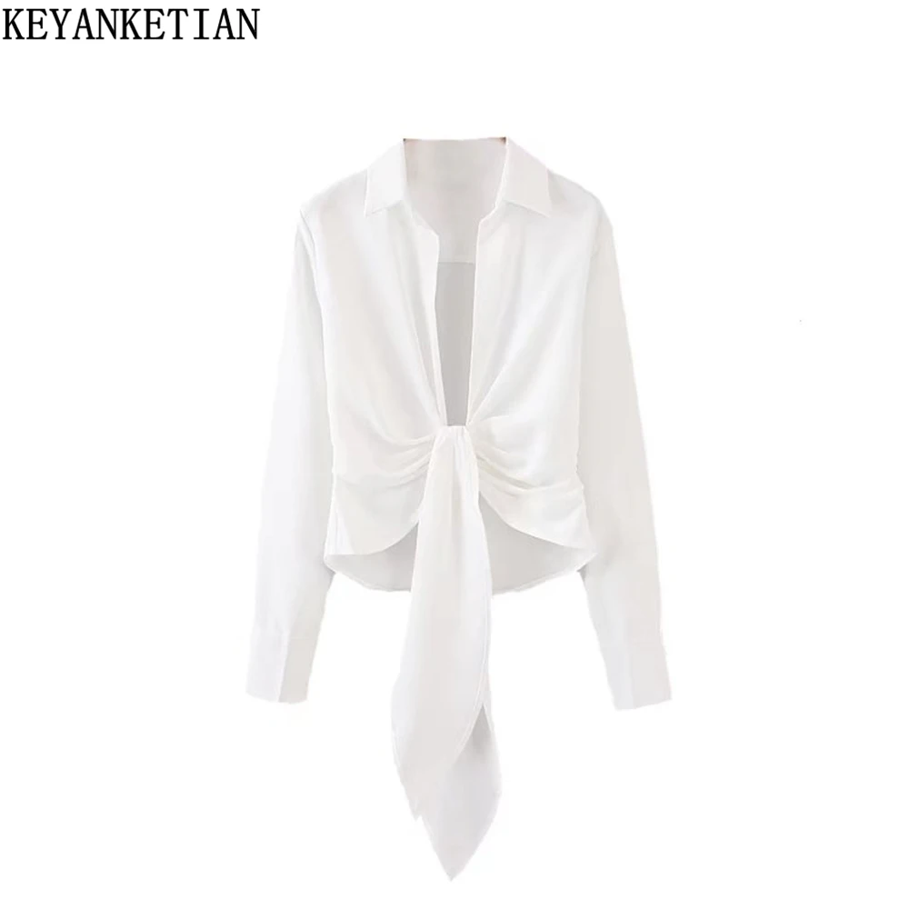 

KEYANKETIAN 2022 Spring Autumn Fashion Simple Design White Shirt Ladies Sexy Bow Tie Long Sleeve Shirt Short Top