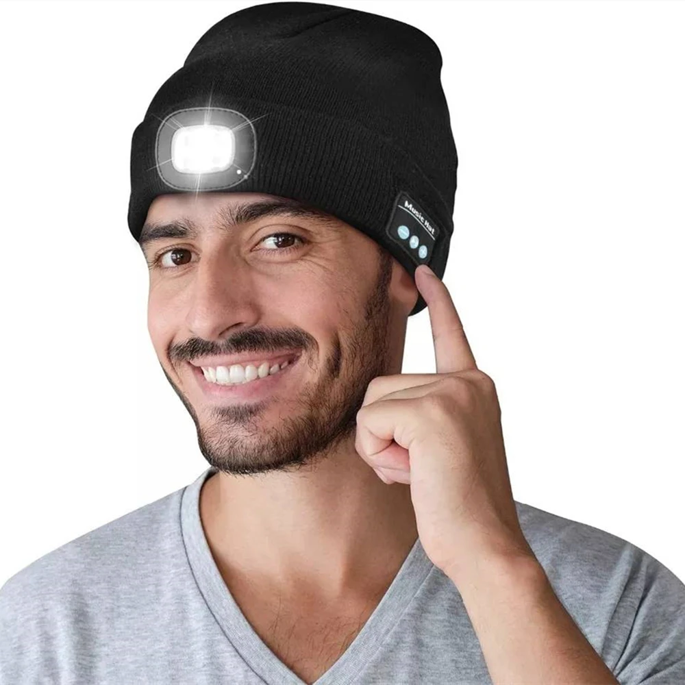 

Unisex Bluetooth Headlamp Hat Headphones Beanie with LED Music Cap Built-in Speakers Mic Earbuds for Running Hiking Sport