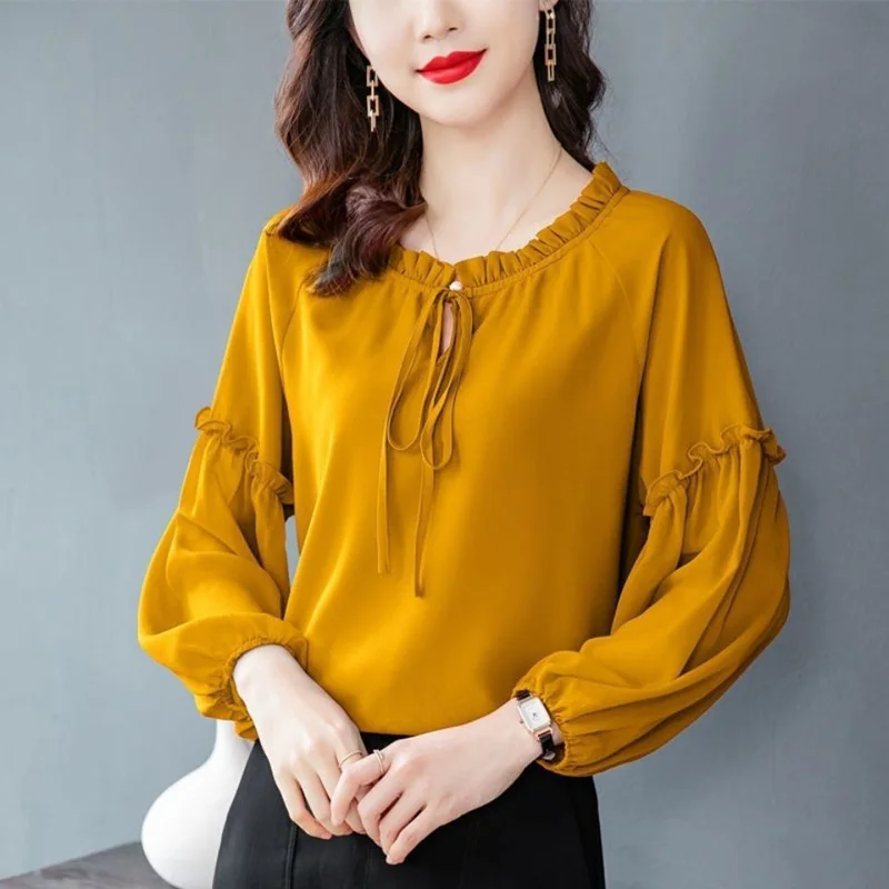 

Elegant Neck Ruffled Lace Up Bow Lantern Sleeve Chiffon Blouse Women's Clothing Oversized Casual Tops Loose Office Lady Shirt