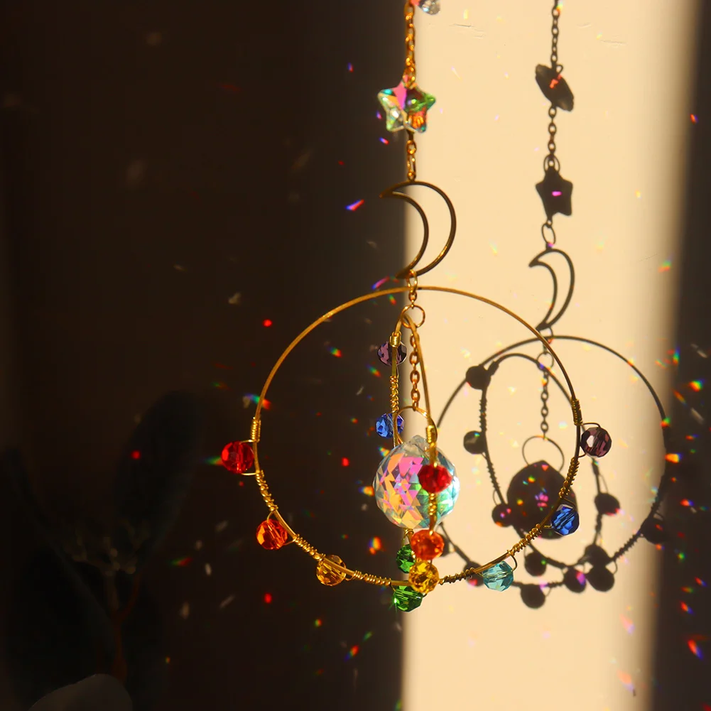 

Sun Moon Wind Chime Crystal Star Circle Frame Hanging Pendant Rainbow Chaser Household Decor Supplies Festival Gift