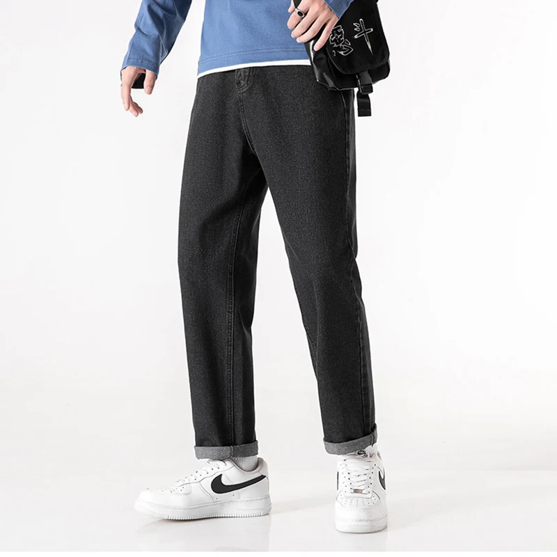 2023 New Straight Men Jeans Fashion Hip Hop Youth Streetwear Loose Black Denim Pants Korean Style Baggy Male Trousers Clothing