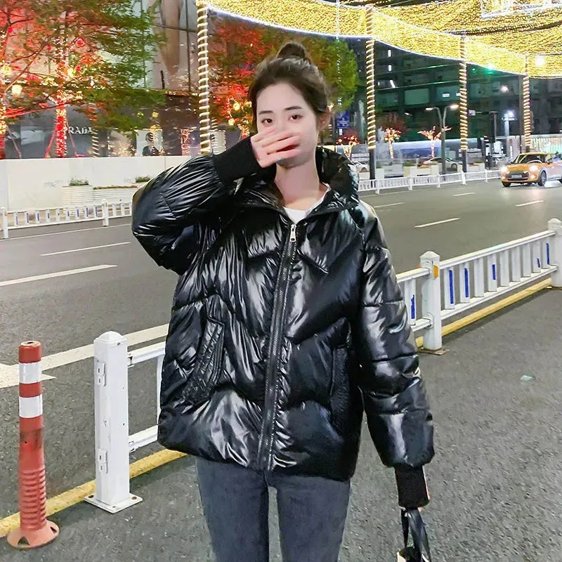 Women's Winter Bright Leather Down Jacket Stand Collar Loose Thickened Short Jacket Korean Fashion Zipper Solid Color Wash Free