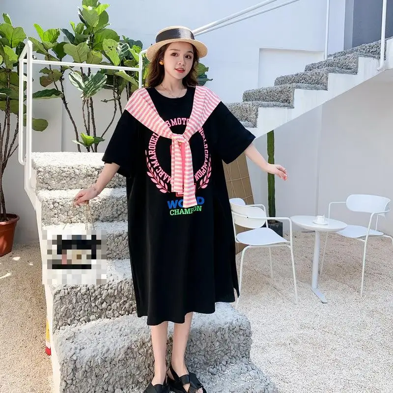 Женское платье-футболка в полоску свободное приталенное Хлопковое платье