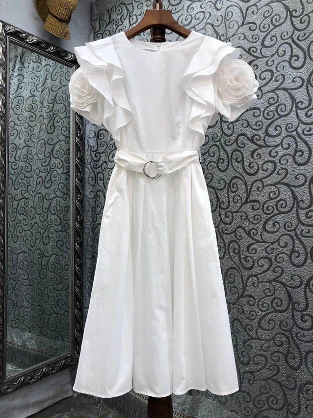 2023 new women's fashion three-dimensional disc flower bubble short sleeve round neck belt slim temperament elegant dress 0529