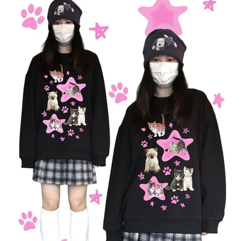 

American Vintage Cartoon Cats Print Sweatshirt Pullover Sweet Lady Girls Oversized O-neck Kawaii Winter Clothes Korean Fashion