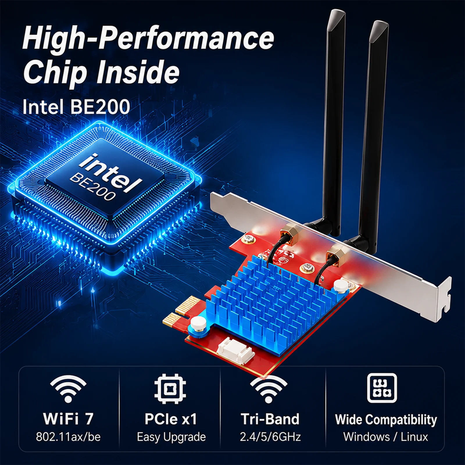 Фото BZIZU Intel BE200 WiFi 7 PCIe-адаптер, 8774 Мбит/с, трехдиапазонный 6 ГГц, Bluetooth 5.4, PCIe X1 для настольных ПК №4