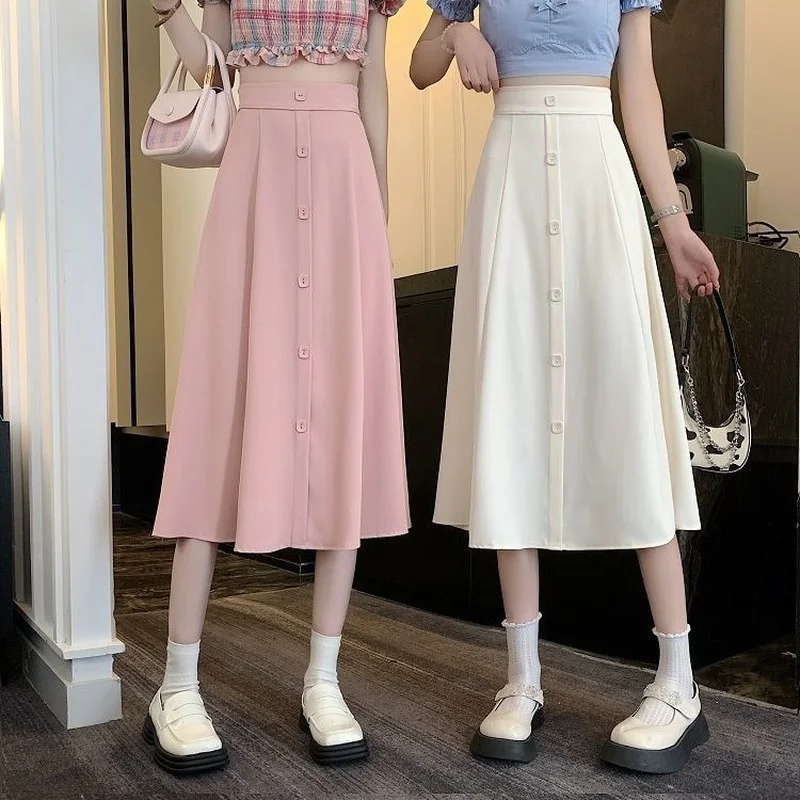 

2022 Women Midi Skirts Vintage High Waist Elastic Long A-line Button Skirt for Girl Korean Fashion Elegant Clothing Preppy Style