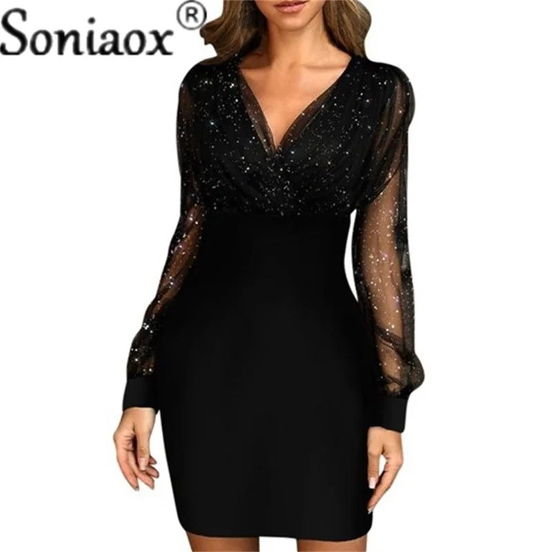 

Sexy Slim Fit Sequins Splicing Dresses Female Elegant Mesh Long Sleeve V Neck Bodysuit Evening Party Apparel Women's Clothing 22