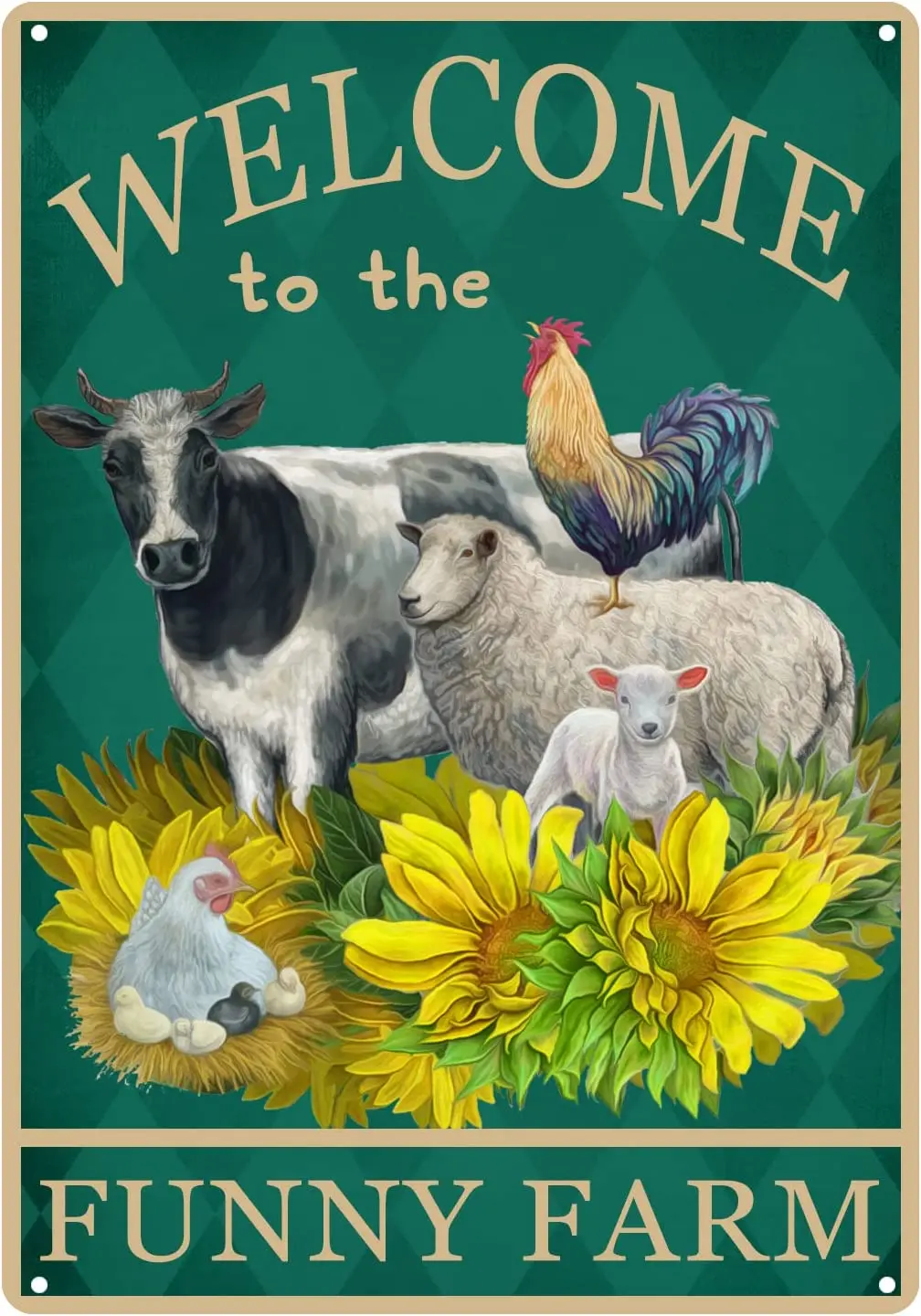 

HUIXIA Welcome To The Funny Farm Tin Sign, Sunflowers Cow Sheep Chicken Garden Vintage Metal Tin Signs For Men WomanWall Decor