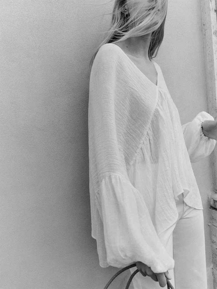 

Summer new women's fine song textured linen shirt loose V-neck long-sleeved pullover casual top