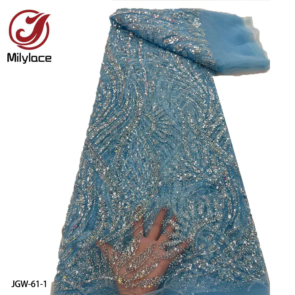 

Luxury African Lace Frabric High Quality French Lace Sequins Beaded Embroidered Lace Fabric for Wedding Dress JGW-61