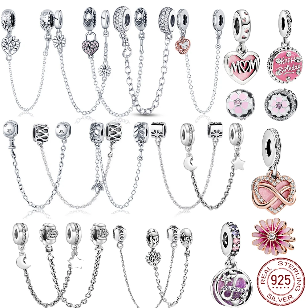 

925 Sterling Silver Charm Daisy Flower Pendant 9 Models Zircon Safety Chain Charms Bead Fit Original Pandora Bracelets DangleDIY