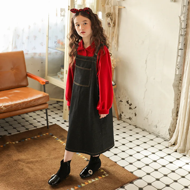 

Teen Girls Solid Shirt and Denim Suspender Skirt Two Piece Set 2022 Spring New Children Korean Style Clothing Fashion A214