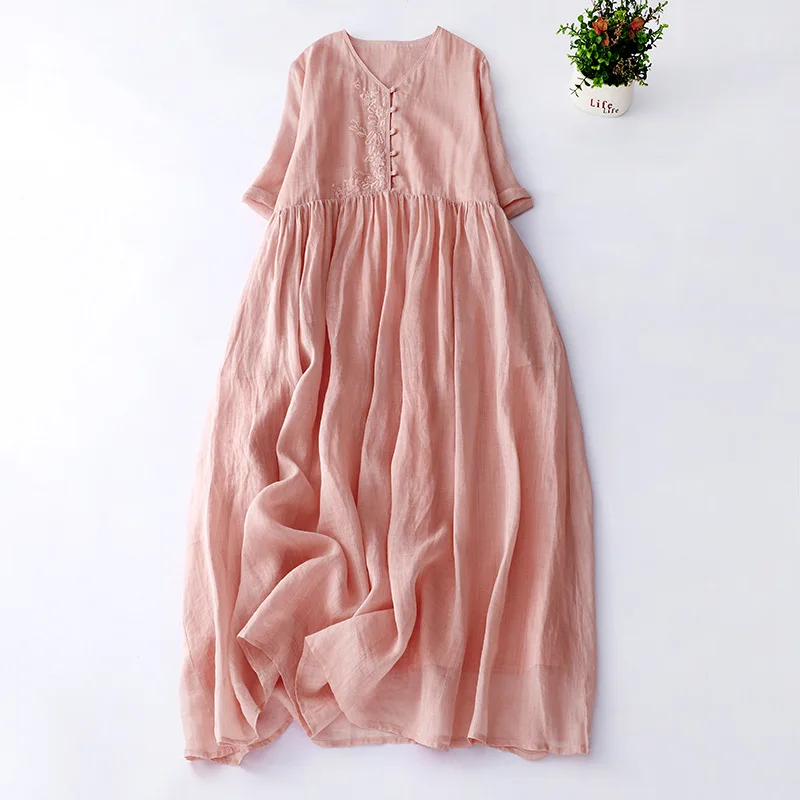 

New Fashion Women's Dress Pink V-neck 3/4 Sleeve Embroidered Minimalist Large Hem Vestido Casual Party Dress for Women 2023