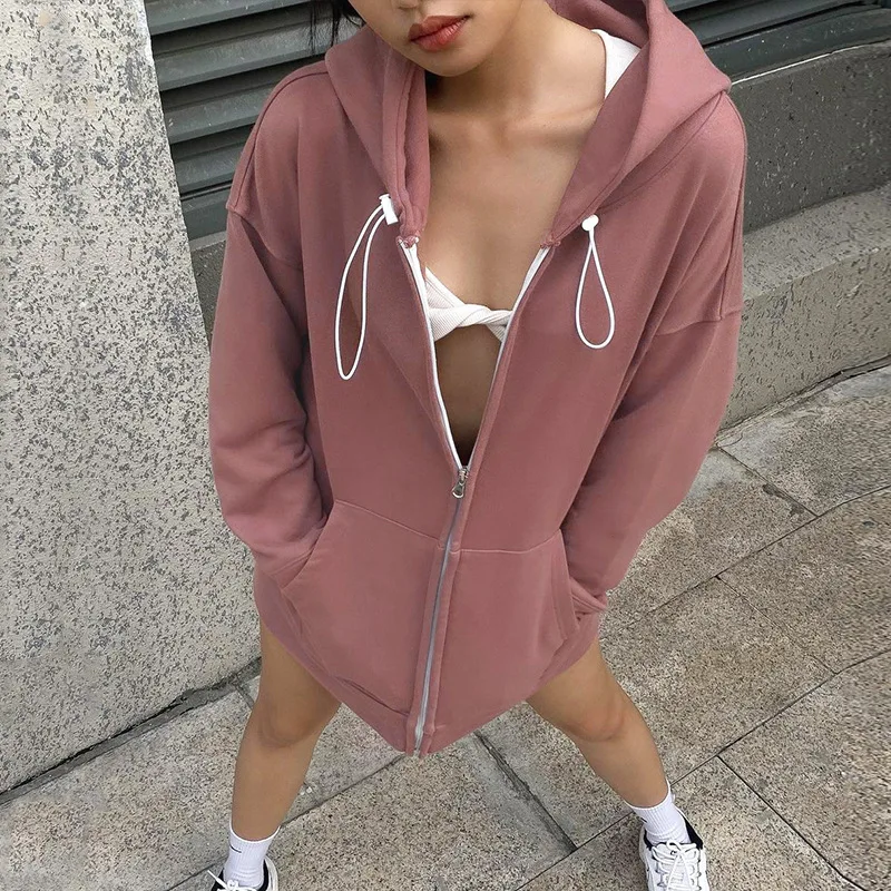 

Full Zip Hoodie Top Female Women's Sweatshirt Pink Clothes 2000s Clothes Y2k Hooded Drawstring Woman Coat Korean Fashion