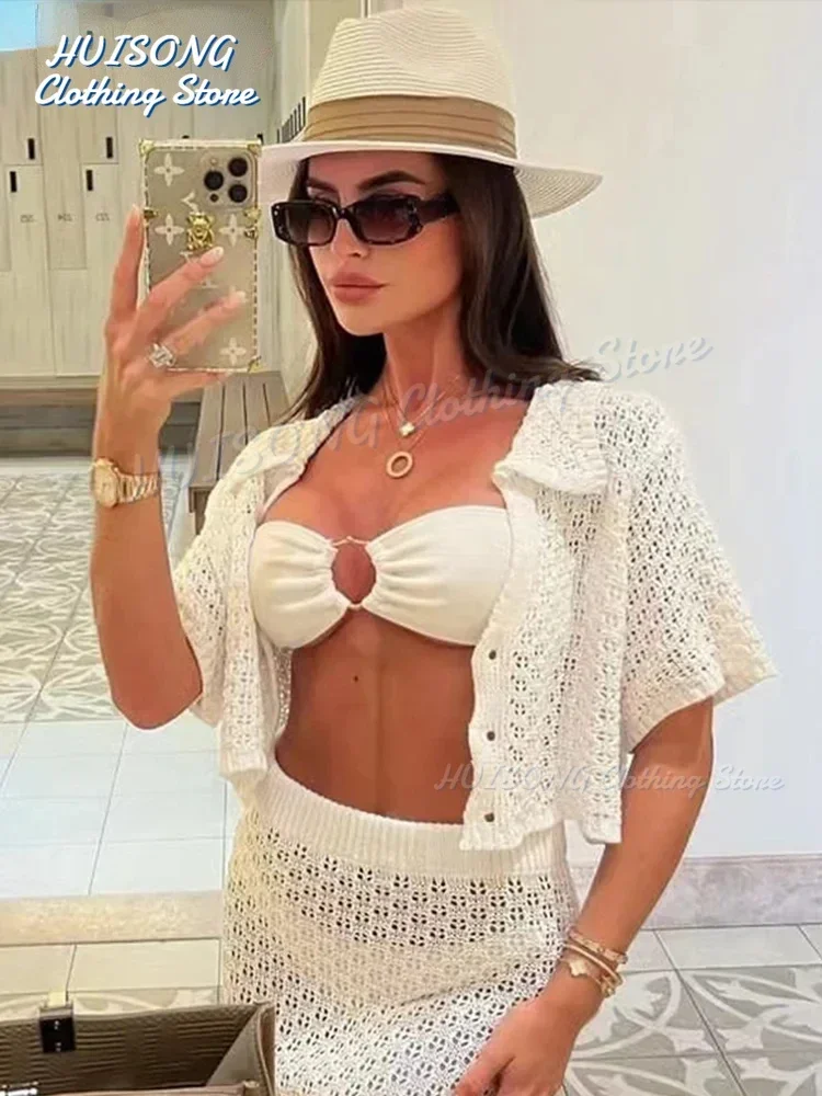 Трикотажный пикантный кардиган с вырезами костюм юбкой Женский облегающий