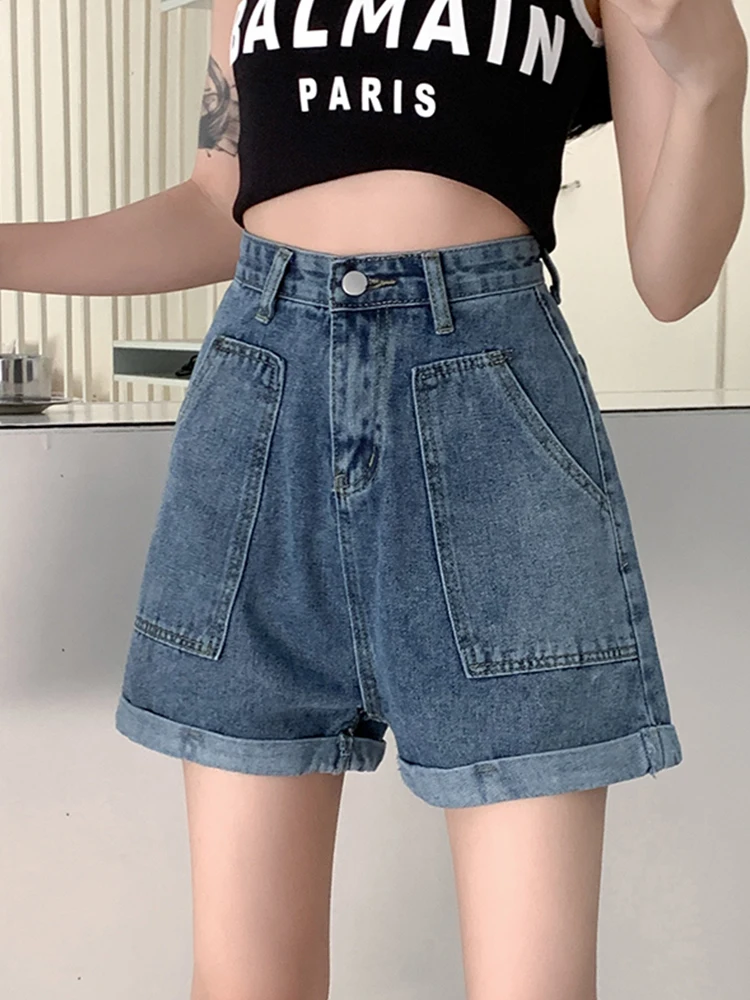 New Spring Summer Women High Waist Big Pocket Streetwear Female Wide Leg Button Retro Jeans Shorts Ladies Bottoms