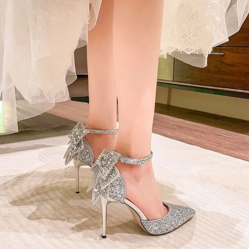French Wedding Shoes Woman Silver High-heeled Shoes Sequin Dress Pumps Elegant Spring Rhinestone Bow Sweet Crystal Women's Shoes