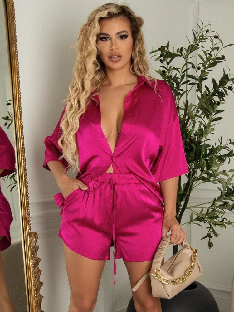 Chic Satin Tracksuit Women Shorts Set Summer TShirt Blouses + Drawstring Mini Shorts LoungeWear Casual 2 Two Piece Sets Outfits