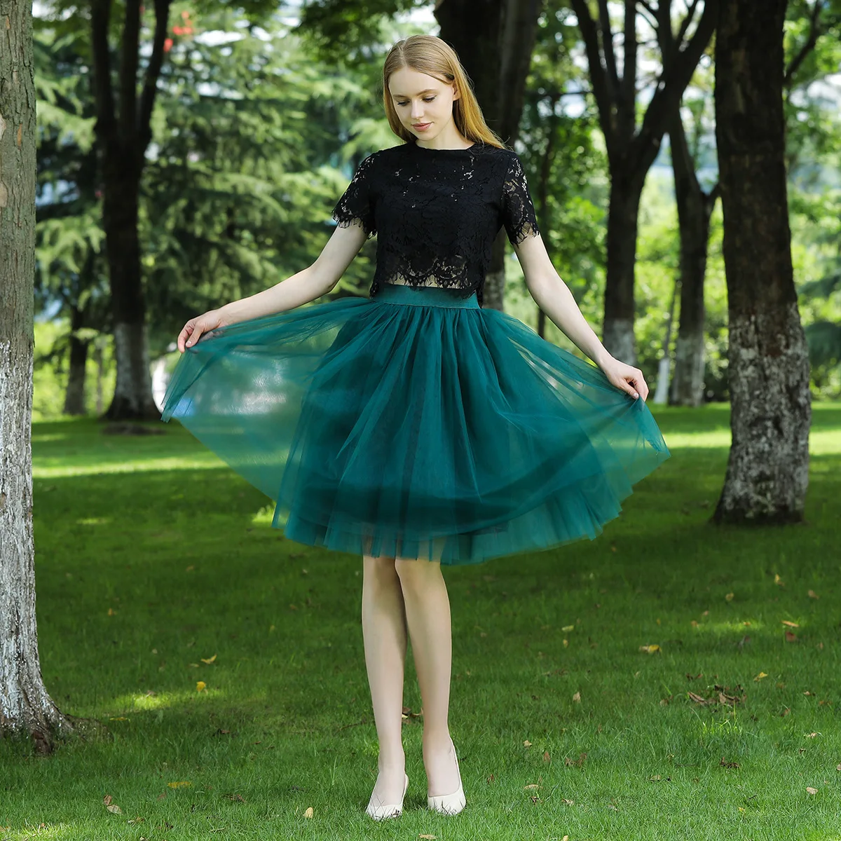 

5 Layers 60cm Princess Midi Tulle Skirt Pleated Dance Tutu Skirts Womens Lolita Petticoat Jupe Saia faldas Denim Party Skirts