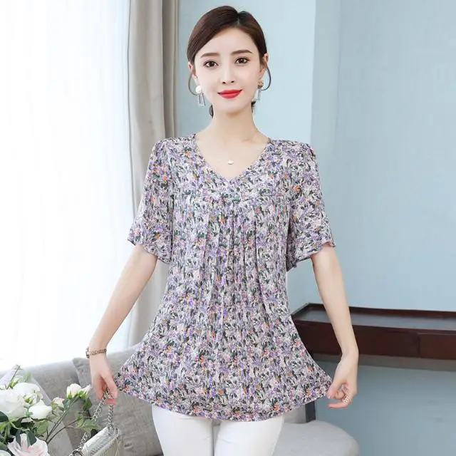 

2023 Loose Women Summer Thin Blouses Chiffon Shirts Lady Fashion Casual Half Sleeve V-Neck Shirring Printing Elegant Tops C09