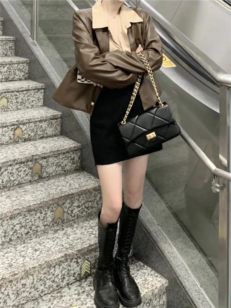 Jacket Jacket Women's Vintage Motorcycle Clothing PU Leather Coat Women In Autumn 2022 Office Lady Elegant Suit Korean