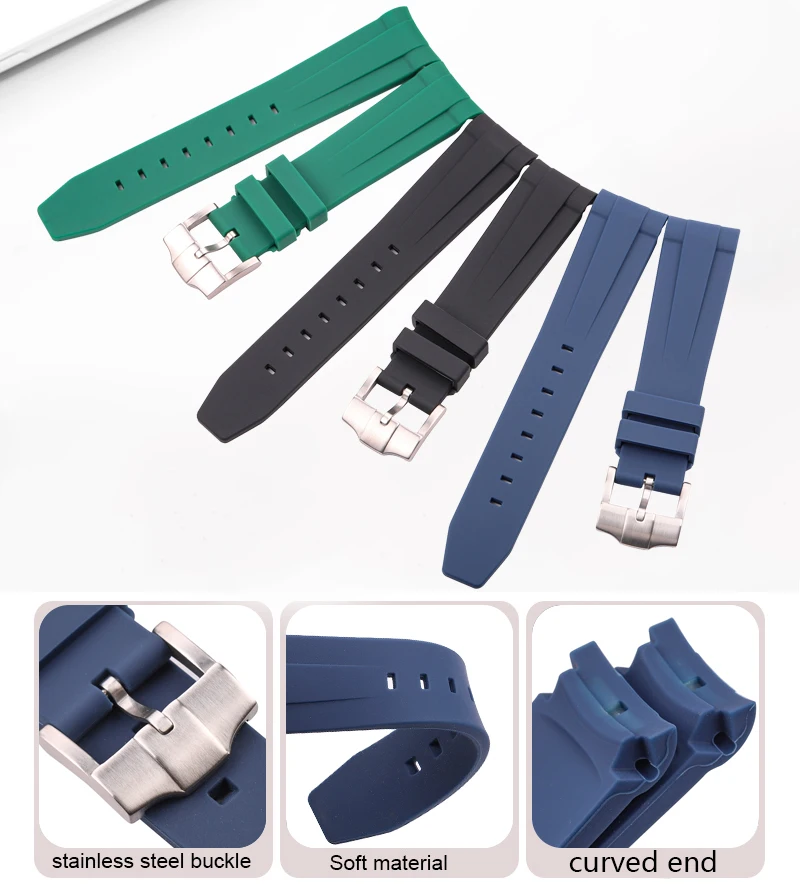Rubber Watch Strap 20mm Curved End Soft Silicone Watchband Black Green Blue Diving Bracelet Wrist Band