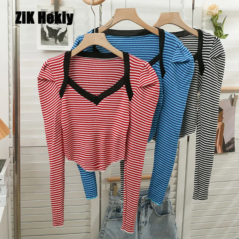 

Zik Hekiy Women Short Section Of A Hundred Striped V-Neck Clavicle T-Shirt Female New Long-Sleeved Top