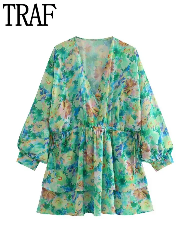 

TRAF Print Ruched Dress Women Wrap Short Dresses for Women 2023 Puff Sleeve Loose Female Dress Boho Casual Summer Dress Woman