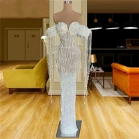 luxury pearl fringe evening dress mermaid off shoulder short sleeve prom dress formal banquet party plus size custom