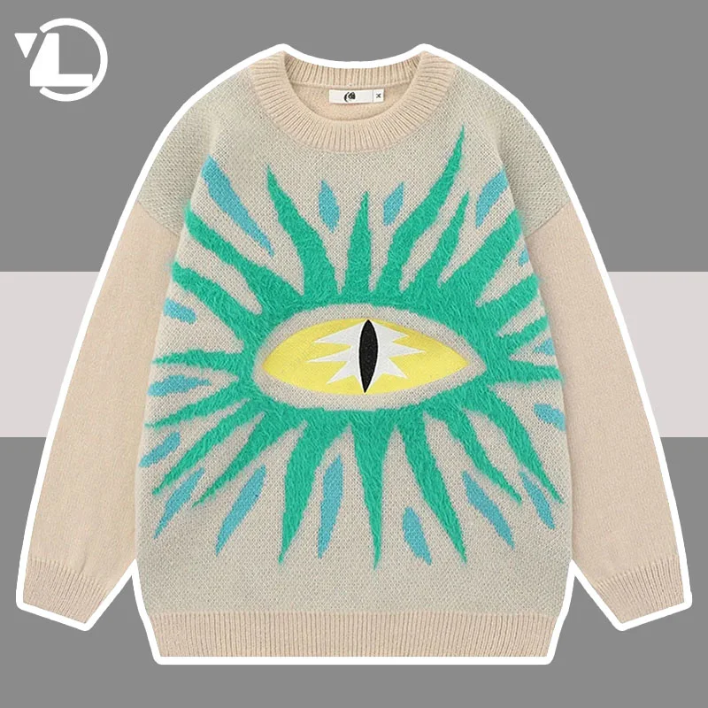 

The Eyes of Truth Knitted Sweaters Men Women High Street Embroidery Jacquard Oversize Soft Pullover Harajuku Y2K College Jumper