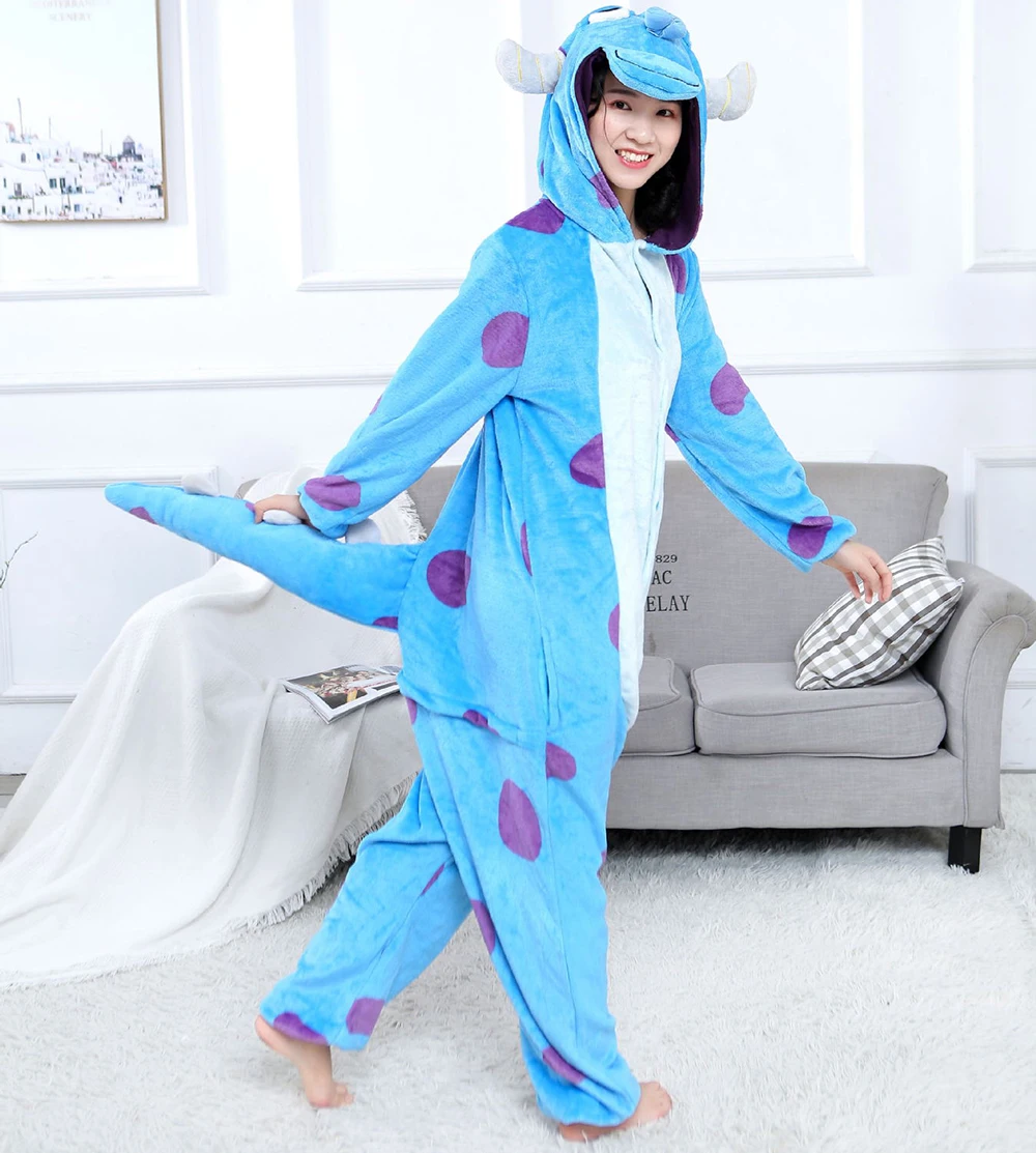 Young Women's Winter Warm Pajamas Blue Patterned Animal Hooded Jumpsuit With A Medium Length Tail Polyester Material Comfortable