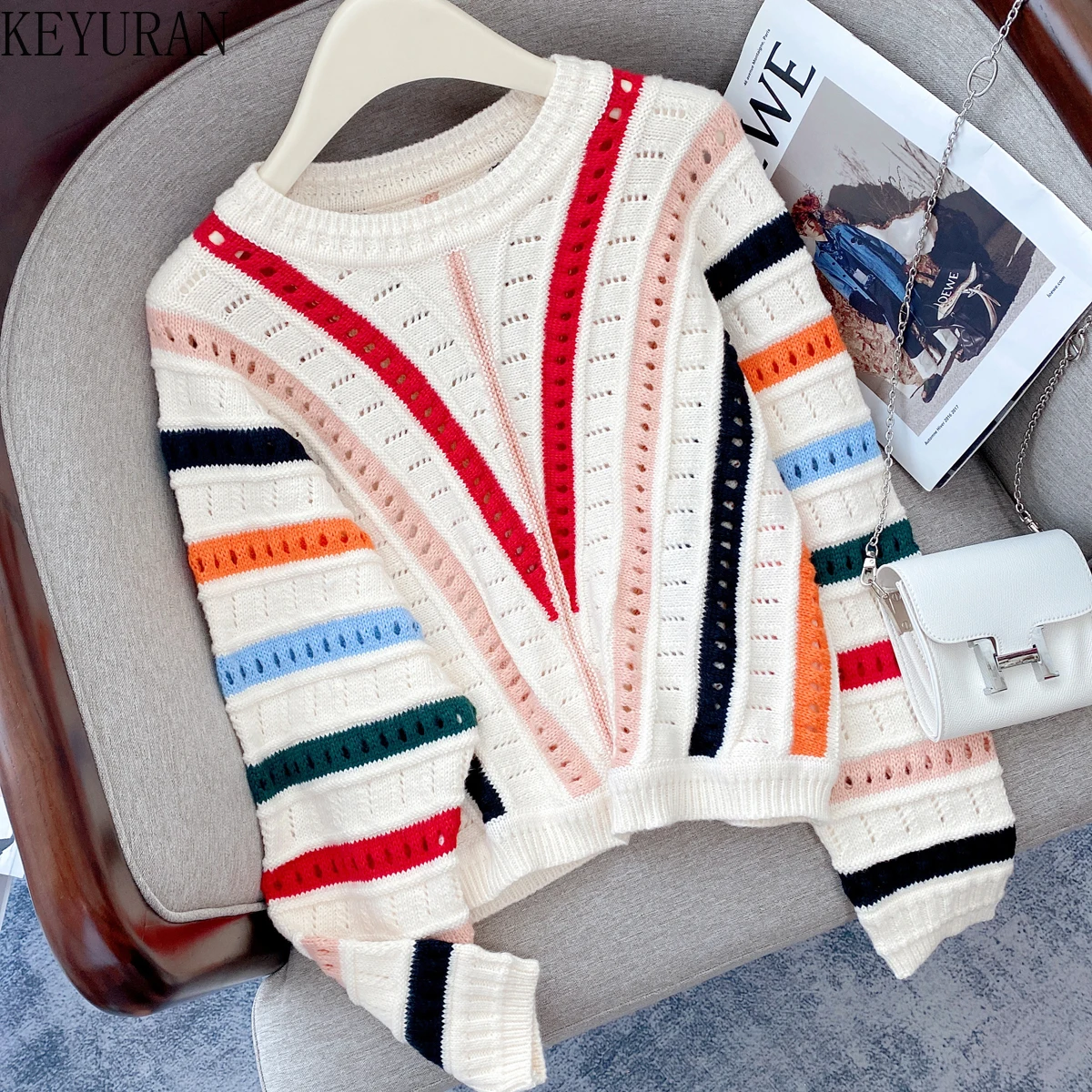 

Rainbow Striped Crochet Hollow Out Women's Sweater Pullover Korean Fashion Bwting Long Sleeve Knitted Sweaters Jumper Y2k Top