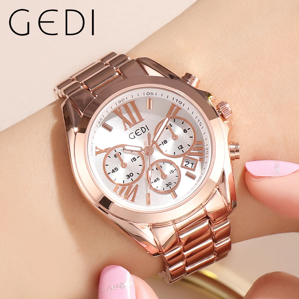 GEDI Waterproof Womens Watches Original Luxury Women's Watch Lady Luminous Fashion Quartz Bracelet Calendar Rose Gold Wristwatch