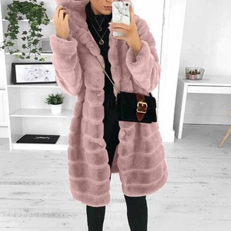 Female Coat Winter Faux Fur Coat Hooded Long Sleeve Shaggy Soft Women's Jacket Fake Mink Overcoat  5XL Tops Fur Coat