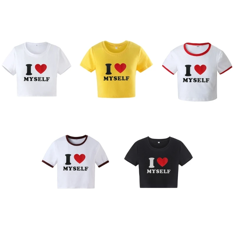 

Round Neck Crop Top Casual Short Sleeve Cotton Cropped-Tee T-Shirt Heart Print