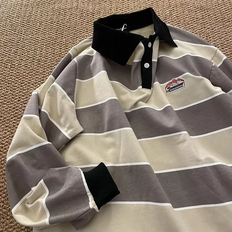 

NEW IN 2022 Japan Retro Striped Long-sleeved Shirt Top Men Women Loose Trend Couple BF Lapel Sweatshirt Preppy Hip Hop Cool Shi
