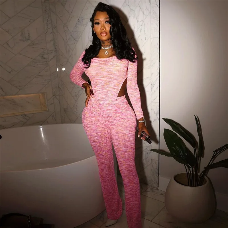 

Fashion Print Slim Fit Two Piece Set 2023 Autumn Women New Irregular Long Sleeve Crop Top Casual Straight Pants Lounge Wear