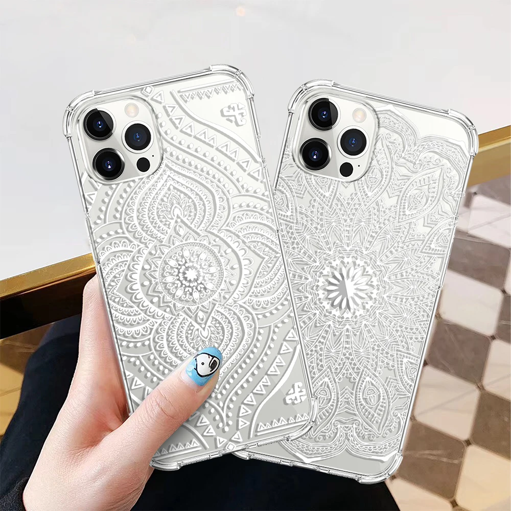 

White Mandala Flower Clear Case for IPhone 12 11 Pro Max 7 8 6 6S Plus X XS XR 13 MiNi SE2020 Soft TPU Bumper Shockproof Cover