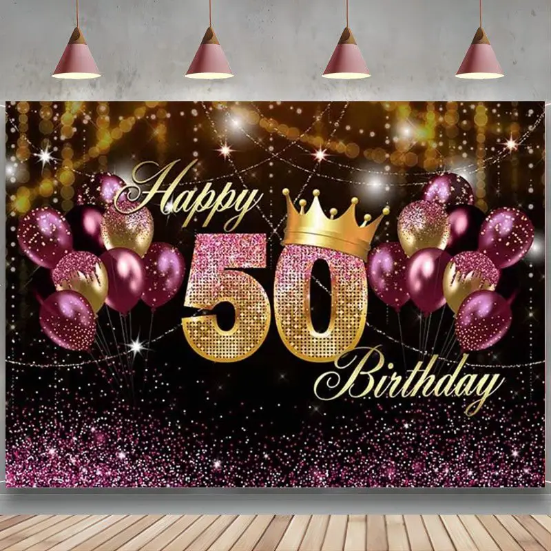 

Happy 50th Birthday Backdrop Women Purple Balloons Gold Crown Sparkly Photography Background Birthday Party Decorations Banner