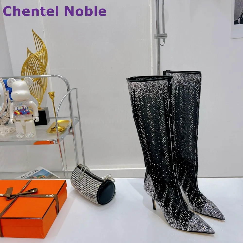 

Bling Bling Knee High Boots Pointed Toe Thin High Heels Boots Newest Fashion Sexy Women Shoes Unique Design Luxury Ladies Boots